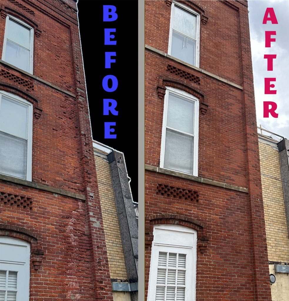 Early 1900s masonry facade restoration. Matching historical mortar and brick units to original adjacent areas.